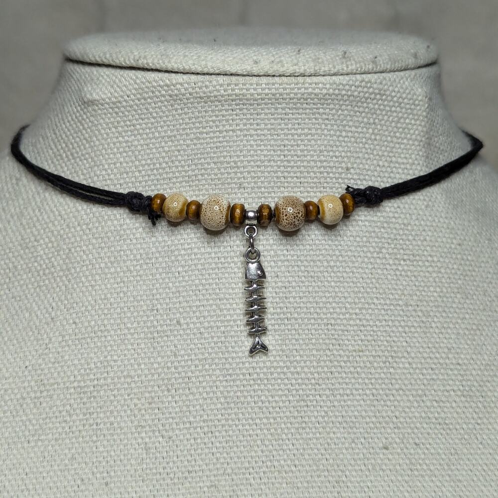 Fish Skeleton Charm Beige Ceramic Wood Beaded Boho Whimsical Y2K Choker Necklace
